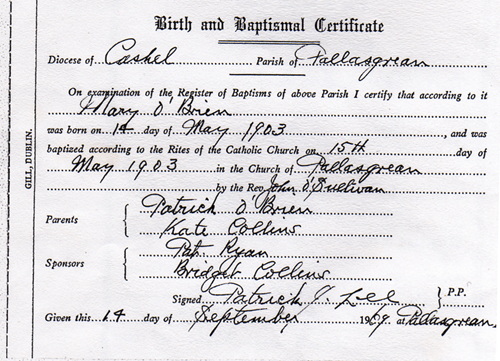 Mary OBRIEN Baptismal Certificate